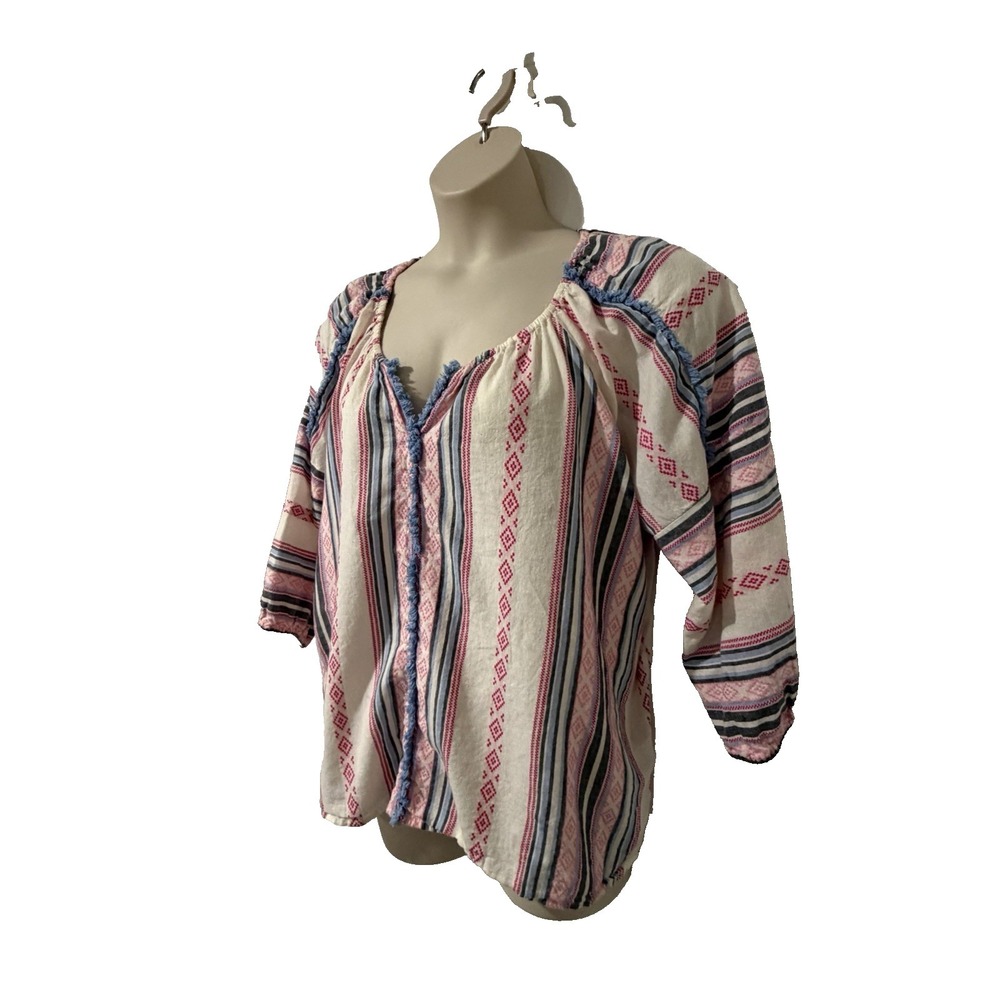 CAFFE MARRAKESH Striped Cotton Peasant Blouse Top~2XL~Embroidered Boho Pink Blue